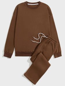 Ensemble de survêtement en flanelle marron, sweat-shirt à manches longues, pantalon de jogging, col rond, tenue décontractée pour la salle de sport, tenue de détente - Product Image 3