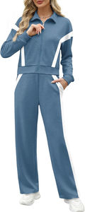 Blue White Women's for 2 Piece Sweat Suit Set Short <b>Tops</b> Wide Leg Sweatpants 100% Cotton Fleece Tracksuit Matching Outfit - Product Image 5