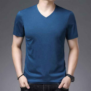 Camiseta de punto de manga corta con cuello en V para hombre, de color sólido, corte ajustado, estilo casual, a precio razonable. - Product Image 2