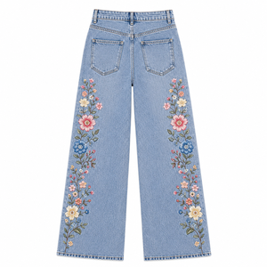 Women's Mid Embroidered Wide Leg Jeans Floral Denim Pants <b>Light</b> Stretch Eco-Friendly Casual Streetwear Fashion Denim <b>Trousers</b> - Product Image 2