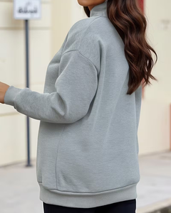 Women's Gray Half-<b>Zip</b> Crew Neck Eco-Friendly Fleece Casual Sweatshirt Regular Fit Full Sleeve Knitted Solid Color Winter Wear - Product Image 2