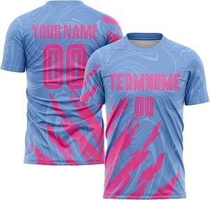 Custom Sublimated Soccer Jersey Kit <b>Light</b> Blue Pink Team <b>Name</b> 00 Moisture Wicking Unisex Adult Short Sleeve Crew Neck - Product Image 3