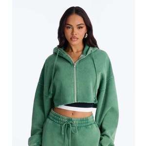 Women's <b>Black</b> Cropped Denim <b>Hoodie</b> With <b>Zipper</b> Front Drop Shoulder Oversized Sweatshirt Autumn Wear - Product Image 5