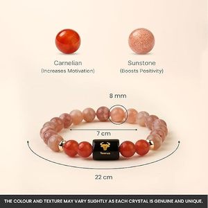 Taurus Zodiac Premium <b>Crystal</b> Bracelet with Sunstone <b>Beads</b> Bull Head Pattern Copper Tag Featuring Sanskrit Symbol - Product Image 3