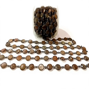Natural Grey <b>Moonstone</b> Coin Shape Briolette 11 mm Bezel Connector Chain Sold Per Foot - Product Image 1