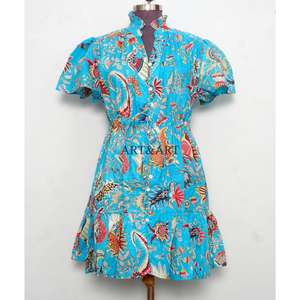 Vestidos Cortos Casuales de Algodón con Cordones para Mujer, Diseño Estampado a Mano, Corte en A, Bonitos Bolsillos, Estilo Sencillo para Uso Diario - Product Image 1