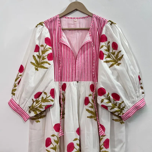 Vestido Casual Midi para Mujer, Tejido 100% Algodón, Estampado Floral, Mangas Abullonadas, Cintura Imperio, Estilo Babydoll, Cuello en V, Corte Holgado - Product Image 3