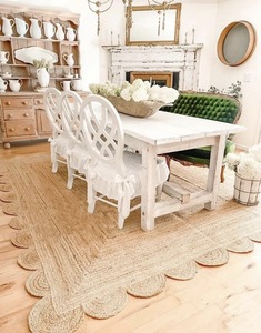 Scalloped Edge Handmade Jute Area <b>Rug</b> Multi Color Borders Eco-Friendly Low Pile <b>Boho</b> Farmhouse Carpet Medium Thickness Spot - Product Image 4
