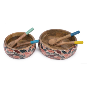 Ensemble de saladiers vintage en bois de manguier faits à la main avec des ustensiles imprimés en émail, écologiques et adaptés aux aliments, pour la maison et l'hôtellerie - Product Image 3