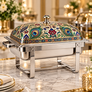 Recipiente para Calentar Comida Rectangular de Acero Inoxidable, Ecológico y Duradero, con Tapa de Cúpula con Diseño de Pavo Real en Meenakari, 24 cm de Diámetro - Product Image 2