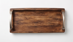 Plateau de service rectangulaire en bois de manguier finition noyer, robuste, avec rebord surélevé et poignées métalliques - Product Image 4