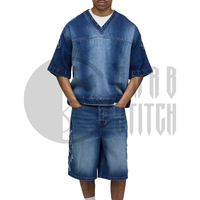 Conjunto de Camiseta y Pantalones Cortos de Mezclilla Lavada Personalizada para Hombre, Estilo Urbano Vintage, OEM ODM, Venta al Por Mayor, Verano, Alta Calidad