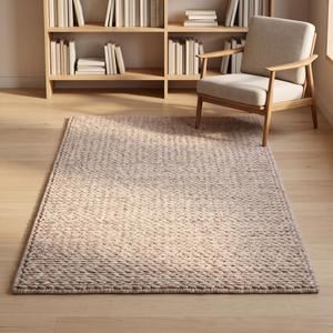 Tapis en laine de couleur unie beige naturel, tissé à la main, à boucles texturées, design rustique moderne pour salon - Product Image 3