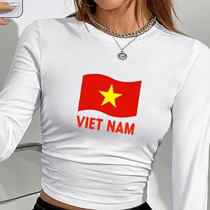 เสื้อยืดแขนยาวผู้หญิงเวียดนาม คอกลม พิมพ์ลายธงชาติ ทรงปกติ ผ้ายืดโพลีเอสเตอร์ สไตล์ Y2K ใส่ได้ทุกฤดู - Product Image 5