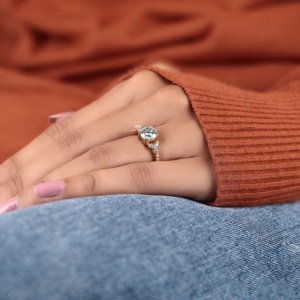 Portuguese Cut Lab Grown Diamond Engagement Ring with Marquise Side Stones 14K 18K Gold Solitaire Ring Handmade Fine Jewelry - Product Image 3
