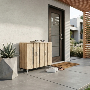 Modern 25_0087 3-<b>Door</b> 4-Tier <b>Shoe</b> Cabinet Vertical Slatted <b>Doors</b> Breathable Entryway Organizer Freestanding Storage - Product Image 1