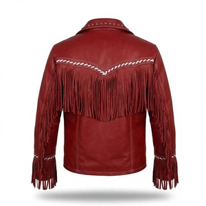 Veste en cuir de vachette à franges style western, couleur rouge cramoisi, avec logo personnalisé, garniture en fourrure et rayures, doublure en polyester doux - Product Image 2