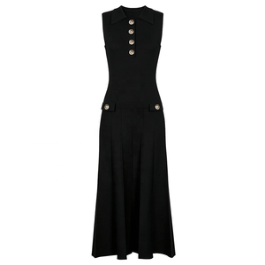 <b>Black</b> Sleeveless Polo Neck Maxi Sweater <b>Dress</b> with <b>Button</b> Detail A-Line Silhouette Minimalist Style Summer Viscose Breathable - Product Image 1