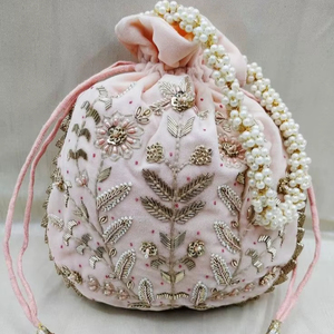 Unique Design Beige Silk Potli Bag <b>Pink</b> Mirror Work Zardosi Embroidery Women Wedding Bridal Drawstring <b>Purse</b> Ethnic Handbag - Product Image 1