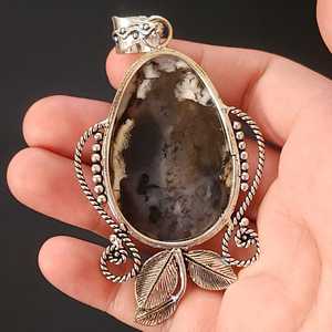 Colgante de Plata de Ley Chapado en Oro Hecho a Mano con Ágata Dendrítica y Engaste Vintage, Joyería Elegante Boho para Compromiso o Declaración - Product Image 3