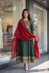 Designer Printed And Embroidery Work Anarkali Gown <b>Kurti</b> With Chanderi Dupatta Ready To Wear Set - Product Image 2
