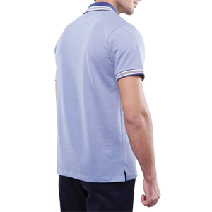 Chemise Homme Bleue en Coton Tricoté avec Col Contrastant et Poche, Manches Courtes Élégantes, Respirante, Décontractée, Couleur Unie pour le Haut - Product Image 3