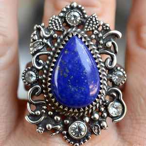 925 Sterling Silver Boho Vintage-Inspired Handmade Statement <b>Ring</b> Natural <b>Lapis</b> <b>Lazuli</b> Pear Gemstone Fine Bohemian Jewelry - Product Image 1