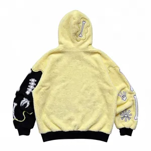 เสื้อฮู้ดโอเวอร์ไซส์ผู้ชายสไตล์สตรีทแวร์ ตกแต่งด้วยลายปักโครงกระดูกและไฟ  ผ้าฟลีซ เหมาะสำหรับฤดูหนาว - Product Image 5