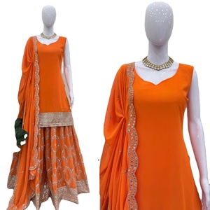 Elegant Handcrafted Heavy Embroidered Orange Salwar Kameez Women Traditional Indian Ethnic Wear Modern Quick Dry Foux Georgette - Product Image 1