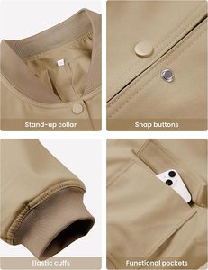 Chaqueta Bomber Corta Color Caqui para Mujer, con Bolsillos de Parche, Cierre de Botones, Estilo Casual, Manga Larga, para Otoño - Product Image 2