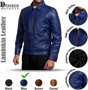 Men's Blue Genuine <b>Leather</b> <b>Jacket</b> Turn-down Collar Zipper Closure Solid Color Regular Length Casual Autumn Wear - Product Image 5
