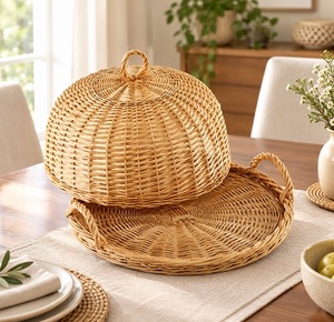 Eco-Friendly Ecowoodies Round Rattan <b>Cake</b> Stand Tray with Dome Cover 1-Piece Set and Creative Dome Lid for Wedding and Birthday - Product Image 1