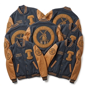 Blouson Bomber Varsity Personnalisé avec Manches en Cuir, Broderie Voiles de Moulin à Vent en Laine, Patch Brodé Timber Spindle, Couleur Ardoise - Product Image 1