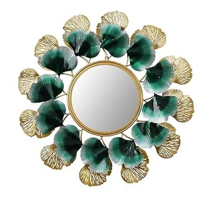 Miroir mural rond en métal de haute qualité avec un design en éventail vert et doré, cadre décoratif bohème - Product Image 1