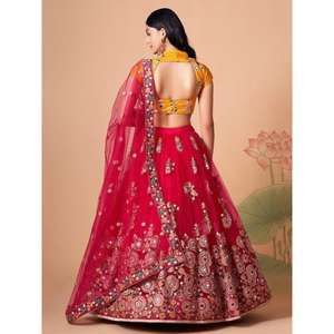 Prodigieux miroir rose vif filet de travail Lehenga Choli décorations de mariage élégantes porter - Product Image 3