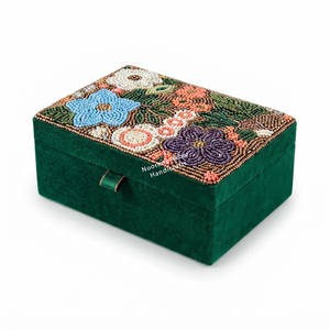 Luxury Green Velvet Jewelry Organizer with Floral Glass Bead Embroidery Handcrafted MDF Gift Box for Boutique - Product Image 1