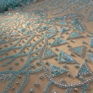 Tissu de luxe Aqua Celestial, broderie de sequins, dentelle en organza métallique, tissé léger 70GSM, articles en stock, robes de mariée - Product Image 3