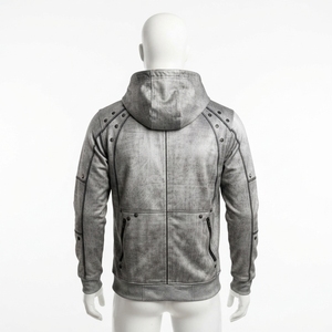 Sudadera con capucha gris para hombre con cremallera, detalles de paneles, múltiples bolsillos, estilo casual y urbano. - Product Image 4