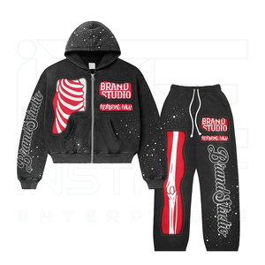 Conjunto de 2 piezas de sudadera con capucha y cremallera para hombre, diseño de canalé negro y rojo, con pedrería, estilo urbano, manga larga, a la moda - Product Image 2