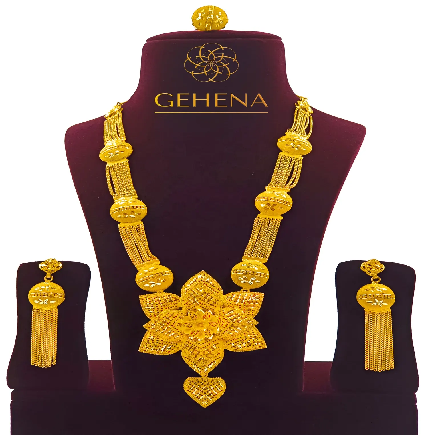 5 grammi placcato oro 24K grande ciondolo partito collana a catena lunga Set orecchino e anello da dito donna regalo esclusivo