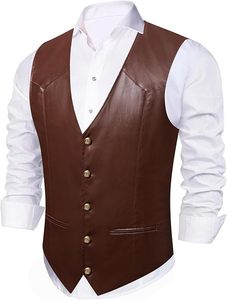 Chaleco de cuero clásico para hombre, a la moda, color marrón oscuro, sin mangas, con botones, estilo vintage, informal, estilo motero, estilo occidental - Product Image 1