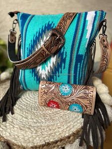 New Western Traditional Style Aztec Tooled Leather <b>Handbag</b> Women Tooled Colorful Embossed Floral Print Clutch <b>Unique</b> Combo Set - Product Image 4