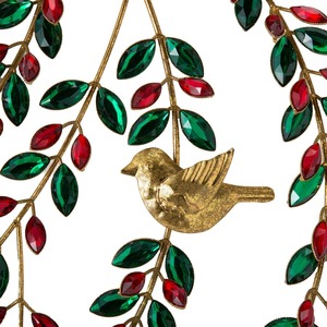 Couronne festive ornée de pierres précieuses, avec des feuilles en pierres rouges et vertes, décorée d'un cerceau doré suspendu et de trois oiseaux. - Product Image 2
