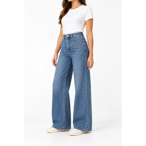 Jeans de Mezclilla de Cintura Alta y Pierna Ancha para Mujer, con Bolsillos Diagonales, Azul Medio, Estilo Hip Hop, Marca Privada OEM - Product Image 3