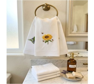 Wholesale Handmade Custom White Cotton Guest <b>Towel</b> Embroidered Sunflower <b>Bee</b> Hemstitch <b>Tea</b> Napkin Machine Washable Airplane Home - Product Image 1