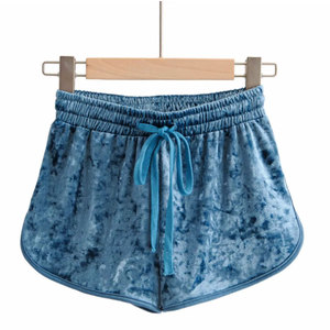 Shorts en velours pour femmes, couleur unie, taille à cordon de serrage, taille mi-haute, style décontracté, coupe régulière, bleu - Product Image 3