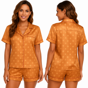 Ensemble de pyjama à manches courtes pour femmes, imprimé géométrique, avec col rabattu, fermeture à boutons, vêtements de nuit d'été - Product Image 4