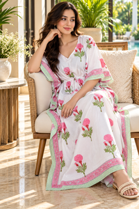 Robe Kaftan Bohème à Imprimé Floral Rose pour Femmes, 100% Coton, Col en V, Maxi avec Bordure Verte, Ceinture à Nouer à la Taille, Respirante - Product Image 5