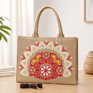Embroidered <b>Jute</b> Shopping <b>Bag</b> Reusable Tote Handbag Solid Color <b>Large</b> Capacity for Beach Travel Daily Use - Product Image 1