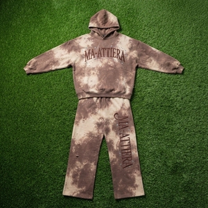 Custom Men Brown <b>Tie</b> <b>Dye</b> Rhinestone <b>Sweatshirt</b> Jogger Set Cotton Fleece Streetwear Tracksuit OEM Wholesale - Product Image 5